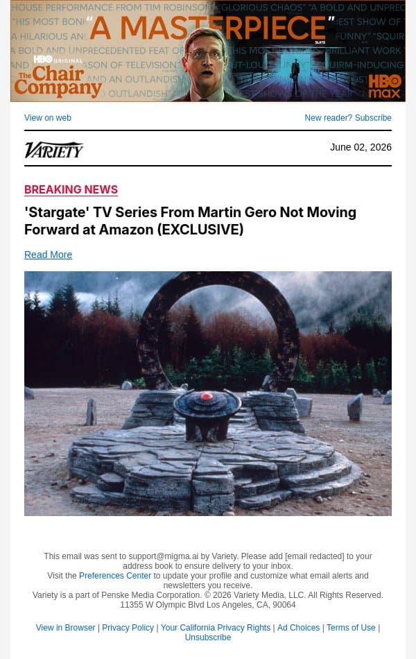 'Stargate' TV Series From Martin Gero Not Moving Forward at Amazon (EXCLUSIVE) email from Variety screenshot