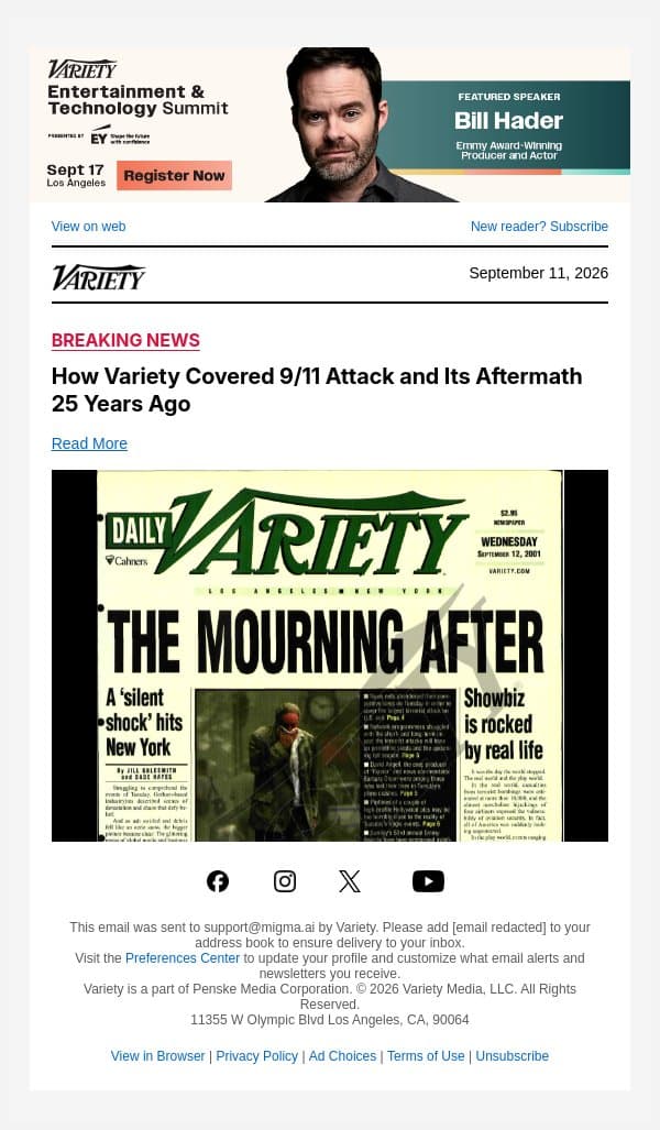 How Variety Covered 9/11 Attack and Its Aftermath 25 Years Ago email from Variety screenshot
