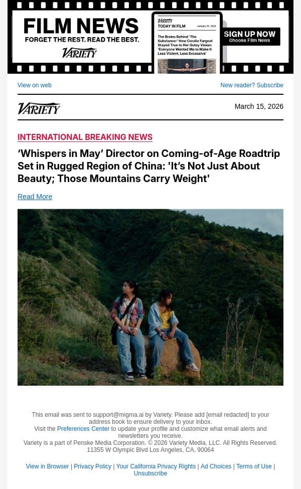 ‘Whispers in May’ Director on Coming-of-Age Roadtrip Set in Rugged Region of China: 'It’s Not Just About Beauty; Those Mountains Carry Weight' email from Variety screenshot