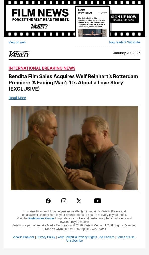 Bendita Film Sales Acquires Welf Reinhart’s Rotterdam Premiere ‘A Fading Man’: ‘It’s About a Love Story’ (EXCLUSIVE) email from Variety screenshot