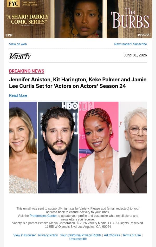 Jennifer Aniston, Kit Harington, Keke Palmer and Jamie Lee Curtis Set for 'Actors on Actors' Season 24 email from Variety screenshot