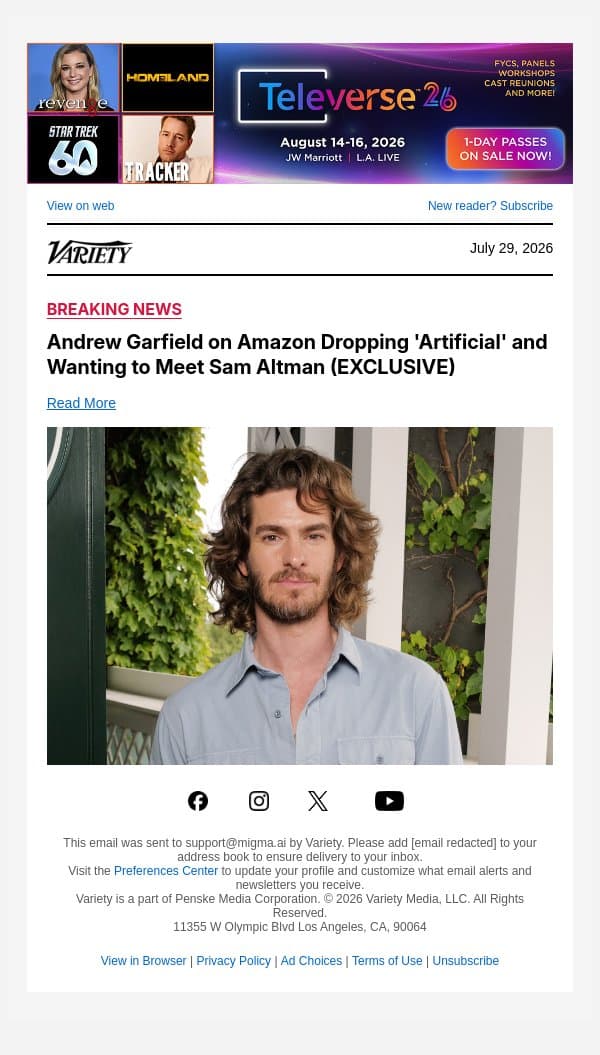 Andrew Garfield on Amazon Dropping 'Artificial' and Wanting to Meet Sam Altman (EXCLUSIVE) email from Variety screenshot