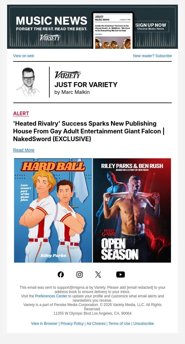 'Heated Rivalry' Success Sparks New Publishing House From Gay Adult Entertainment Giant Falcon | NakedSword (EXCLUSIVE) email from Variety screenshot