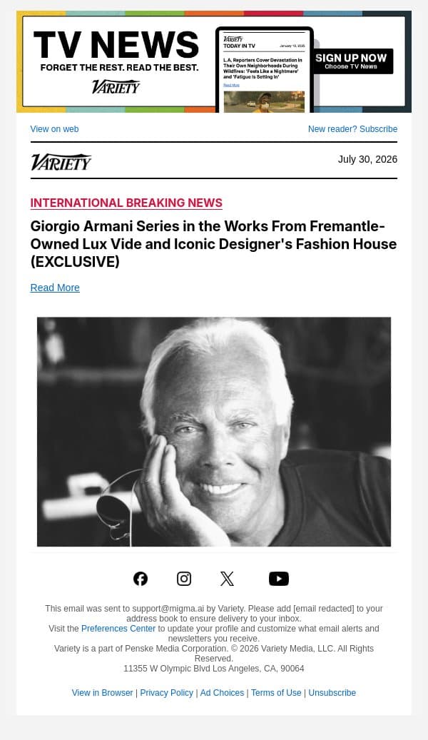 Giorgio Armani Series in the Works From Fremantle-Owned Lux Vide and Iconic Designer's Fashion House (EXCLUSIVE) email from Variety screenshot