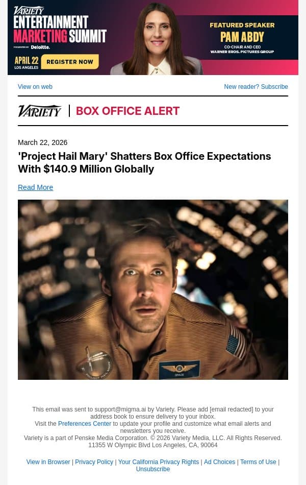 'Project Hail Mary' Shatters Box Office Expectations With $140.9 Million Globally email from Variety screenshot