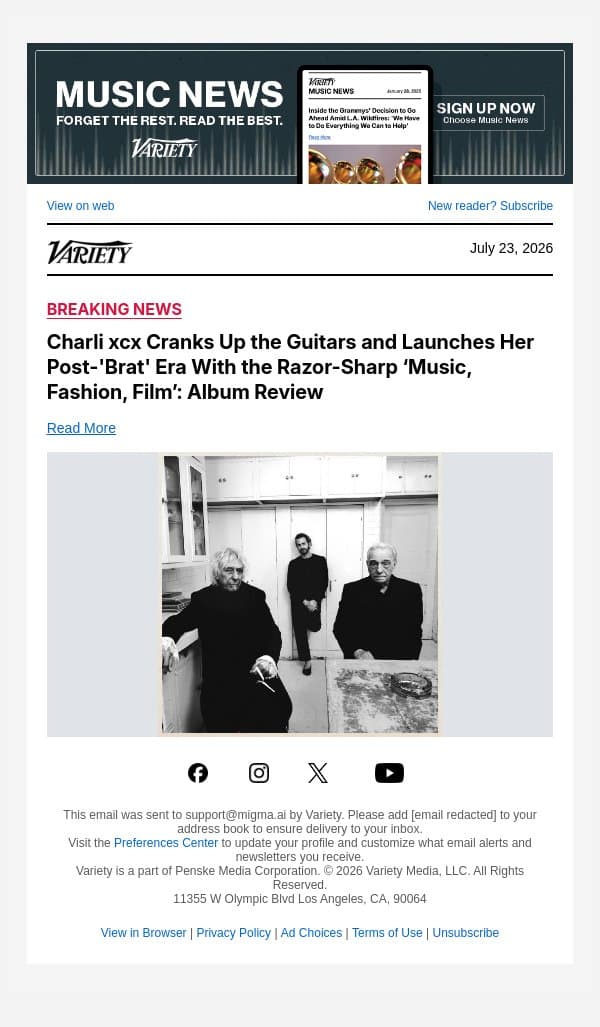Charli xcx Cranks Up the Guitars and Launches Her Post-'Brat' Era With the Razor-Sharp ‘Music, Fashion, Film’: Album Review email from Variety screenshot