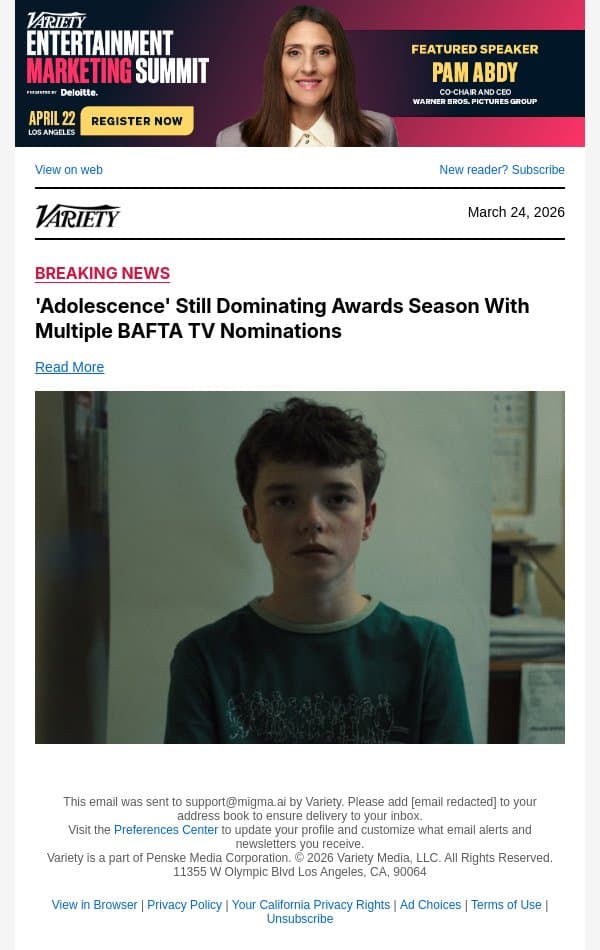 'Adolescence' Still Dominating Awards Season With Multiple BAFTA TV Nominations email from Variety screenshot