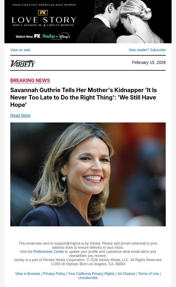 Savannah Guthrie Tells Her Mother's Kidnapper 'It Is Never Too Late to Do the Right Thing': 'We Still Have Hope' email from Variety screenshot