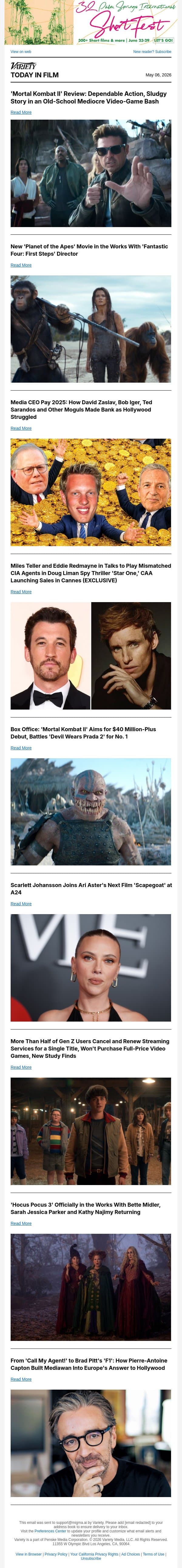 'Mortal Kombat II' Review; New 'Planet of the Apes' Movie; Media CEO Pay 2025 email from Variety screenshot