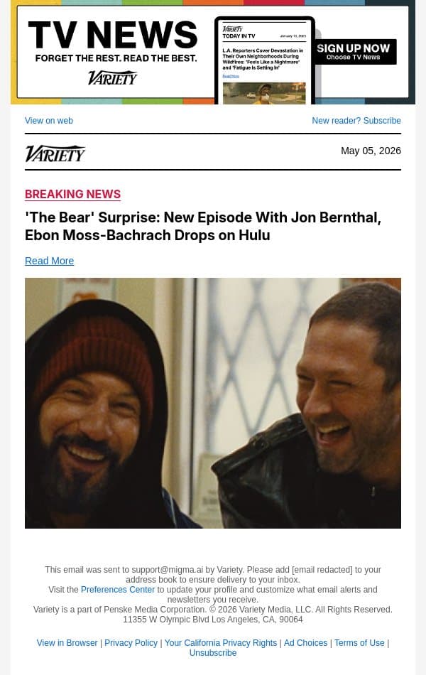 'The Bear' Surprise: New Episode With Jon Bernthal, Ebon Moss-Bachrach Drops on Hulu email from Variety screenshot