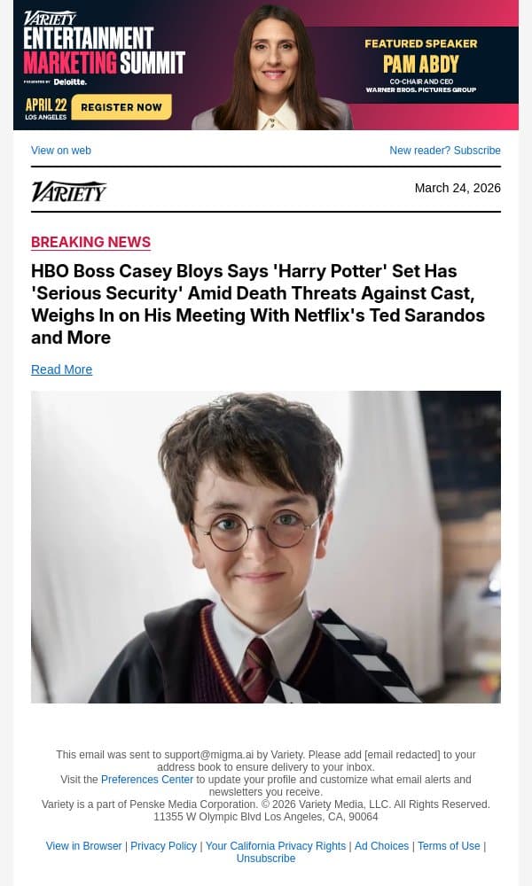 HBO Boss Casey Bloys Says 'Harry Potter' Set Has 'Serious Security' Amid Death Threats Against Cast, Weighs In on His Meeting With Netflix's Ted Sarandos and More email from Variety screenshot