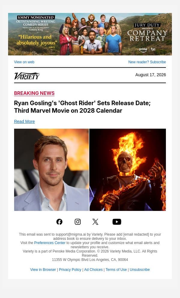 Ryan Gosling's 'Ghost Rider' Sets Release Date; Third Marvel Movie on 2028 Calendar email from Variety screenshot