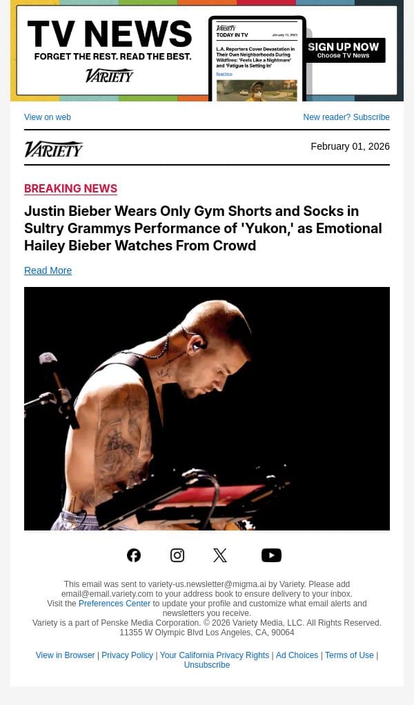 Justin Bieber Wears Only Gym Shorts and Socks in Sultry Grammys Performance of 'Yukon,' as Emotional Hailey Bieber Watches From Crowd email from Variety screenshot