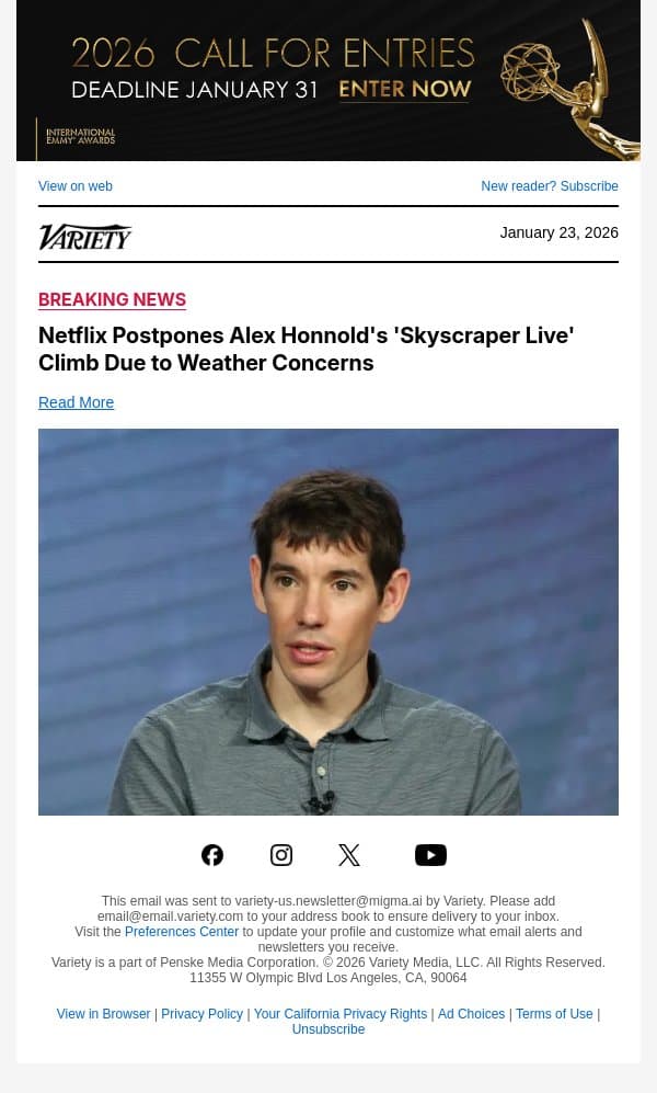 Netflix Postpones Alex Honnold's 'Skyscraper Live' Climb Due to Weather Concerns email from Variety screenshot