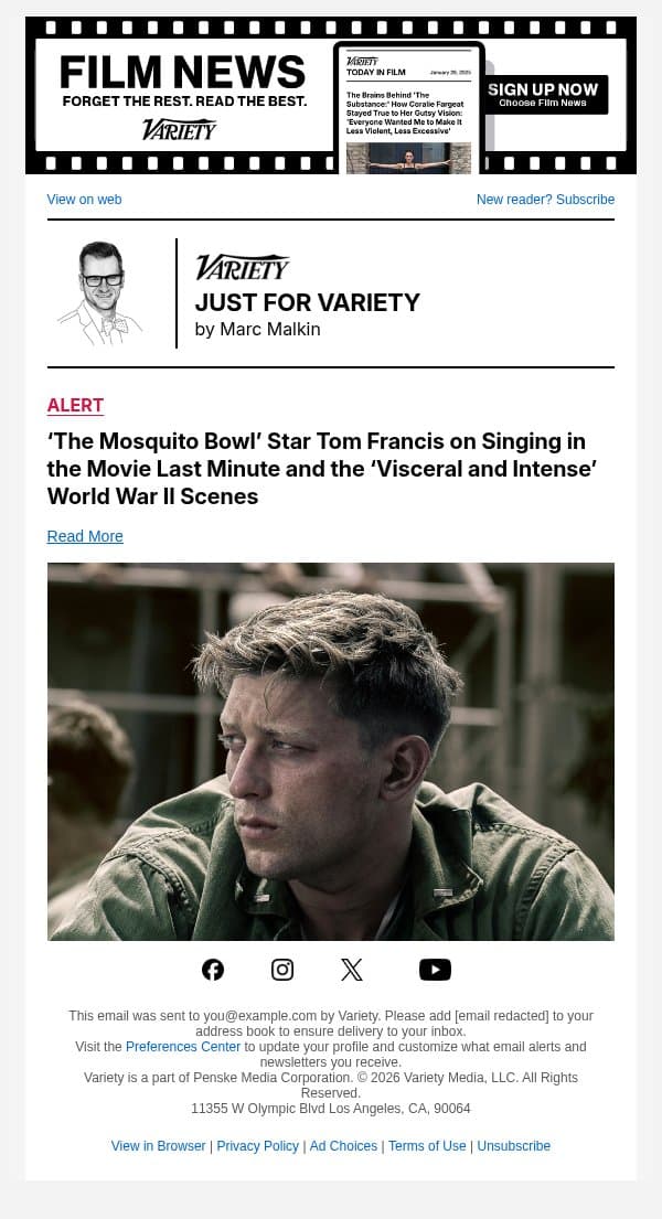 ‘The Mosquito Bowl’ Star Tom Francis on Singing in the Movie Last Minute and the ‘Visceral and Intense’ World War II Scenes email from Variety screenshot