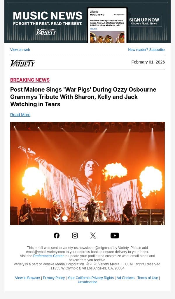 Post Malone Sings 'War Pigs' During Ozzy Osbourne Grammys Tribute With Sharon, Kelly and Jack Watching in Tears email from Variety screenshot