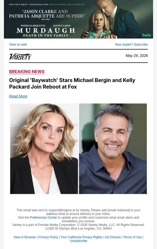 Original 'Baywatch' Stars Michael Bergin and Kelly Packard Join Reboot at Fox email from Variety screenshot