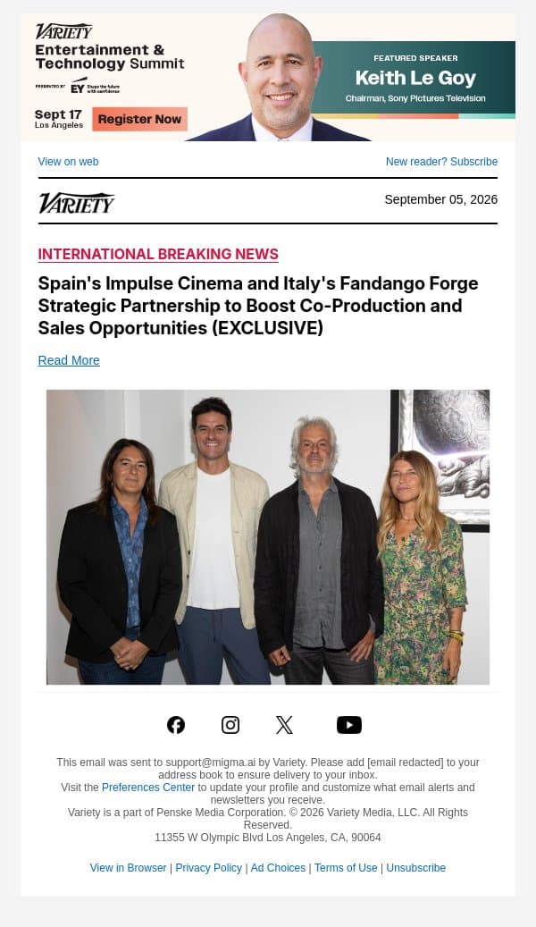 Spain's Impulse Cinema and Italy's Fandango Forge Strategic Partnership to Boost Co-Production and Sales Opportunities (EXCLUSIVE) email from Variety screenshot