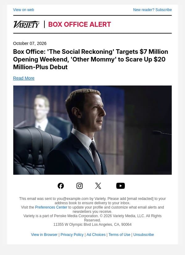 Box Office: 'The Social Reckoning' Targets $7 Million Opening Weekend, 'Other Mommy' to Scare Up $20 Million-Plus Debut email from Variety screenshot