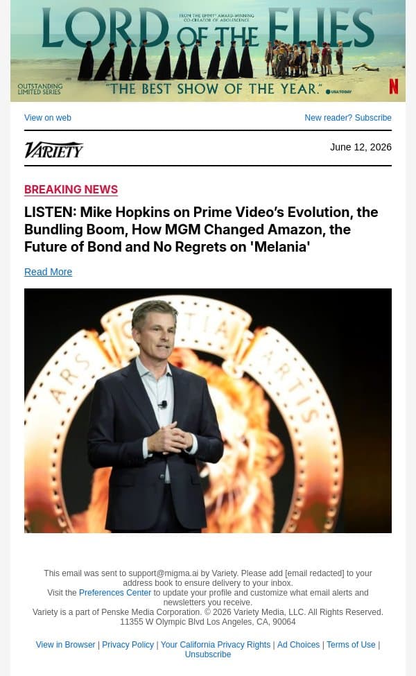 LISTEN: Mike Hopkins on Prime Video’s Evolution, the Bundling Boom, How MGM Changed Amazon, the Future of Bond and No Regrets on 'Melania' email from Variety screenshot