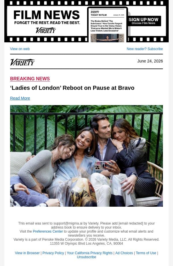 ‘Ladies of London’ Reboot on Pause at Bravo email from Variety screenshot
