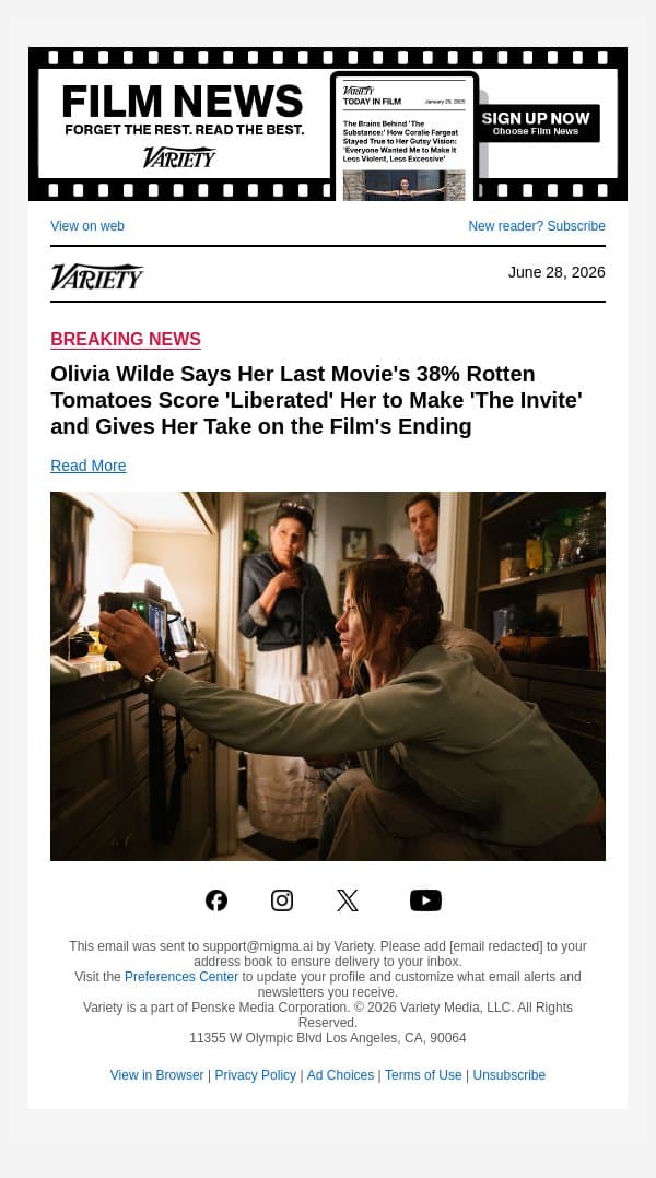 Olivia Wilde Says Her Last Movie's 38% Rotten Tomatoes Score 'Liberated' Her to Make 'The Invite' and Gives Her Take on the Film's Ending email from Variety screenshot