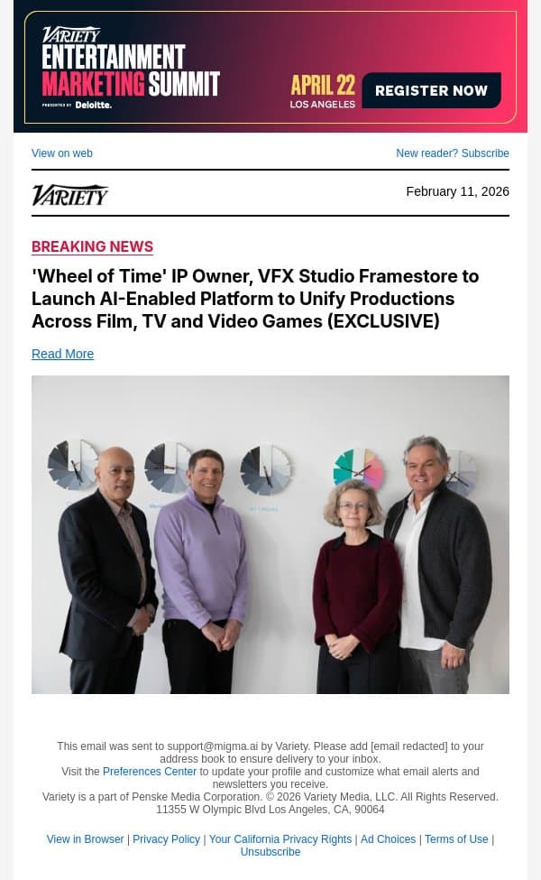 'Wheel of Time' IP Owner, VFX Studio Framestore to Launch AI-Enabled Platform to Unify Productions Across Film, TV and Video Games (EXCLUSIVE) email from Variety screenshot