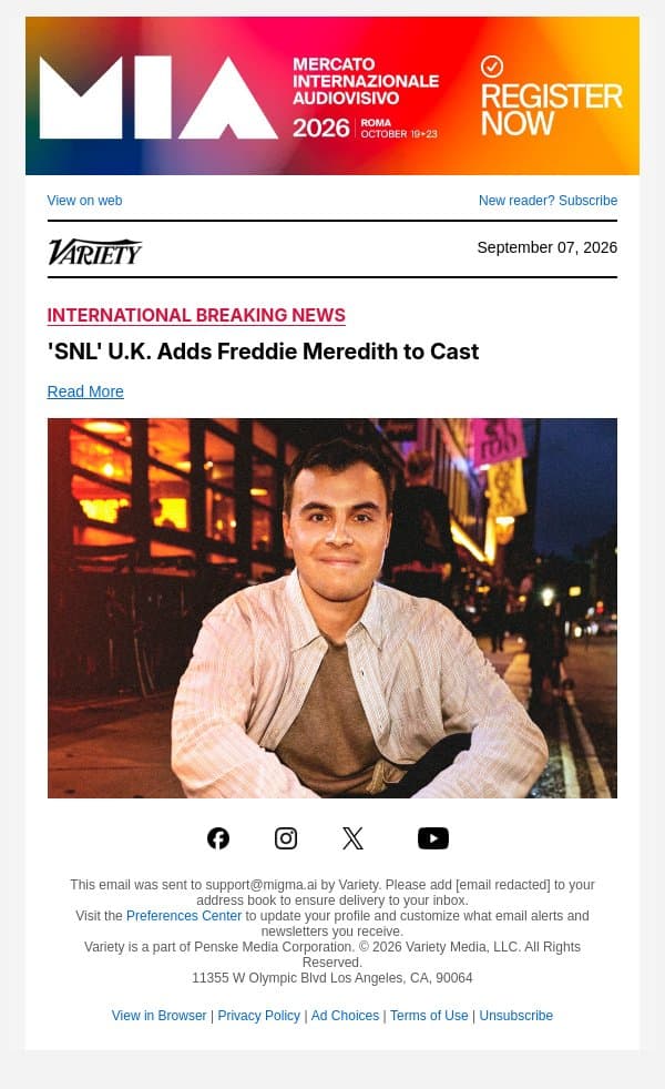 'SNL' U.K. Adds Freddie Meredith to Cast email from Variety screenshot