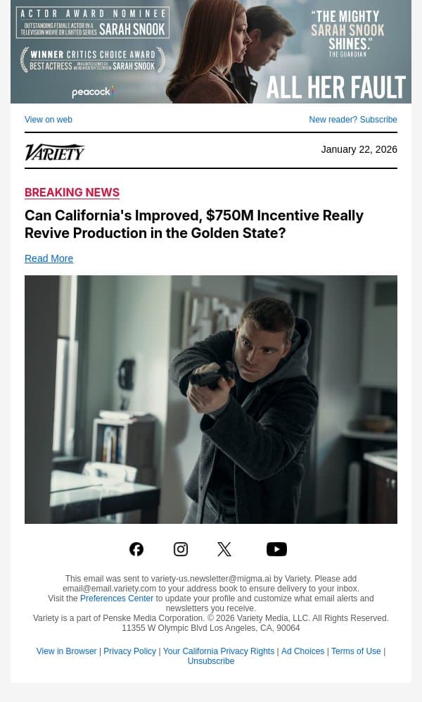 Can California's Improved, $750M Incentive Really Revive Production in the Golden State? email from Variety screenshot
