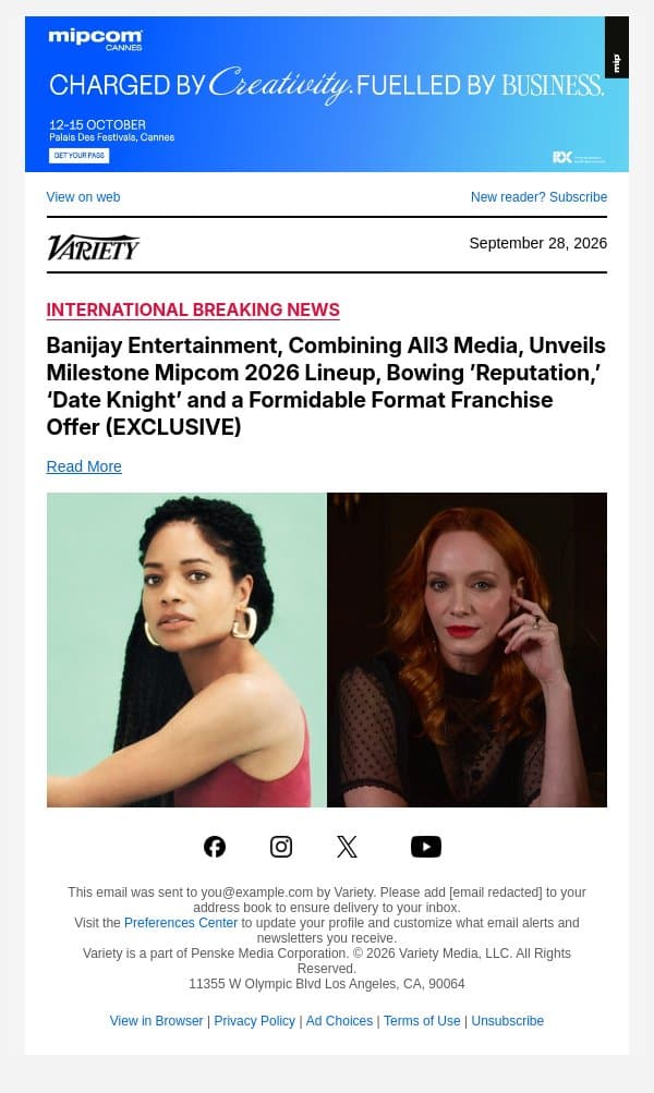 Banijay Entertainment, Combining All3 Media, Unveils Milestone Mipcom 2026 Lineup, Bowing ’Reputation,’ ‘Date Knight’ and a Formidable Format Franchise Offer (EXCLUSIVE) email from Variety screenshot