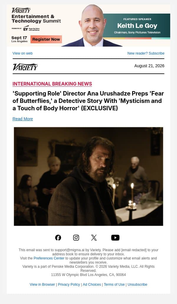 'Supporting Role' Director Ana Urushadze Preps 'Fear of Butterflies,' a Detective Story With 'Mysticism and a Touch of Body Horror' (EXCLUSIVE) email from Variety screenshot