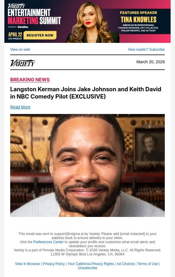 Langston Kerman Joins Jake Johnson and Keith David in NBC Comedy Pilot (EXCLUSIVE) email from Variety screenshot