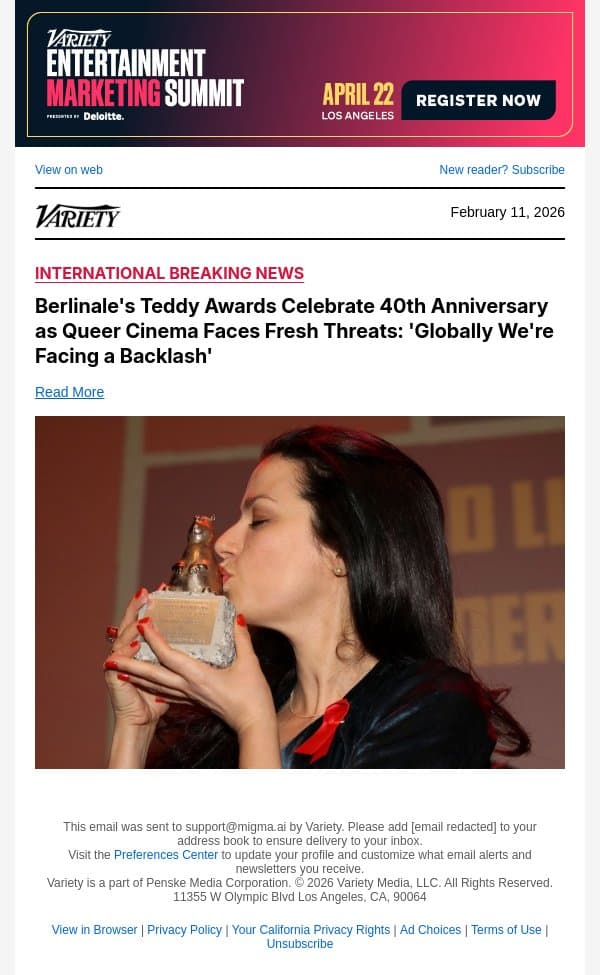 Berlinale's Teddy Awards Celebrate 40th Anniversary as Queer Cinema Faces Fresh Threats: 'Globally We're Facing a Backlash' email from Variety screenshot