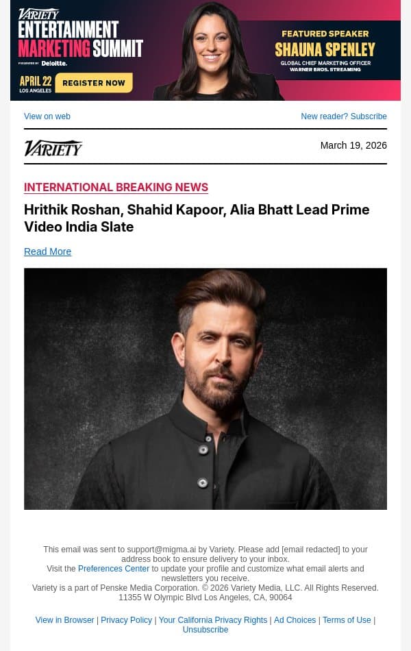 Hrithik Roshan, Shahid Kapoor, Alia Bhatt Lead Prime Video India Slate email from Variety screenshot