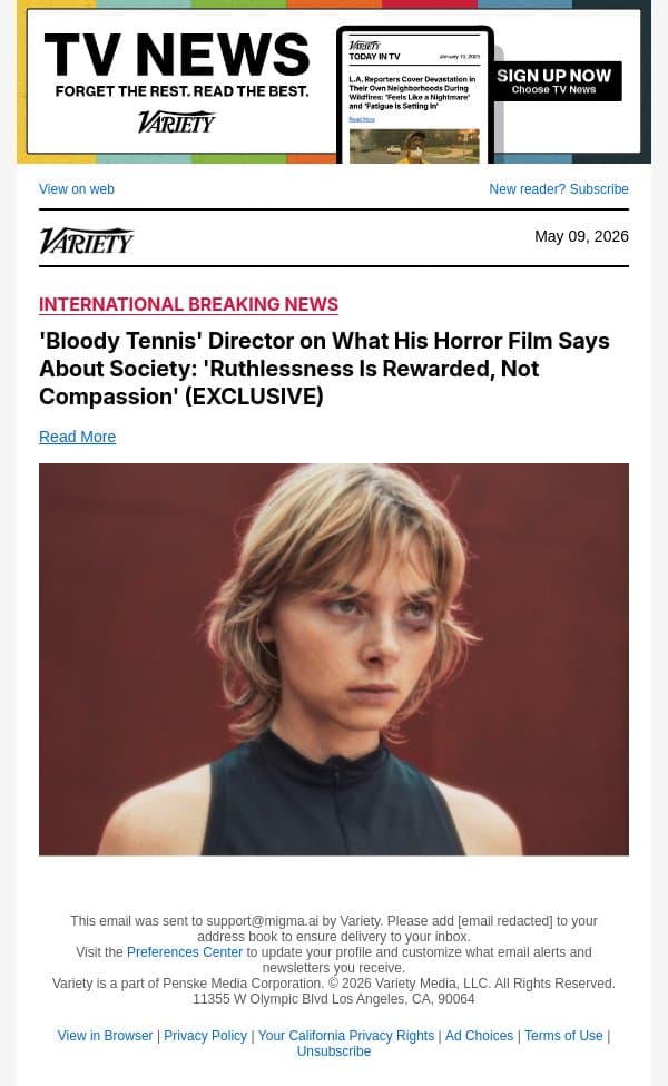 'Bloody Tennis' Director on What His Horror Film Says About Society: 'Ruthlessness Is Rewarded, Not Compassion' (EXCLUSIVE) email from Variety screenshot