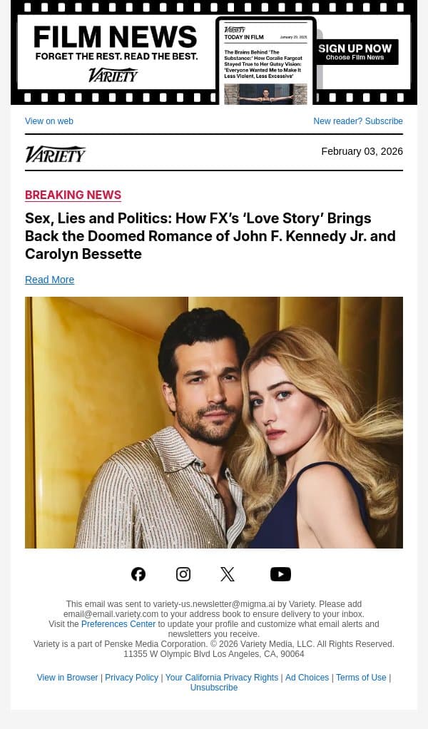 COVER STORY | Sex, Lies and Politics: How FX’s ‘Love Story’ Brings Back the Doomed Romance of John F. Kennedy Jr. and Carolyn Bessette email from Variety screenshot