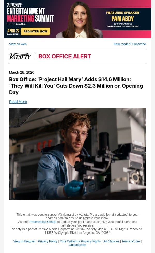 Box Office: 'Project Hail Mary' Adds $14.6 Million; 'They Will Kill You' Cuts Down $2.3 Million on Opening Day email from Variety screenshot