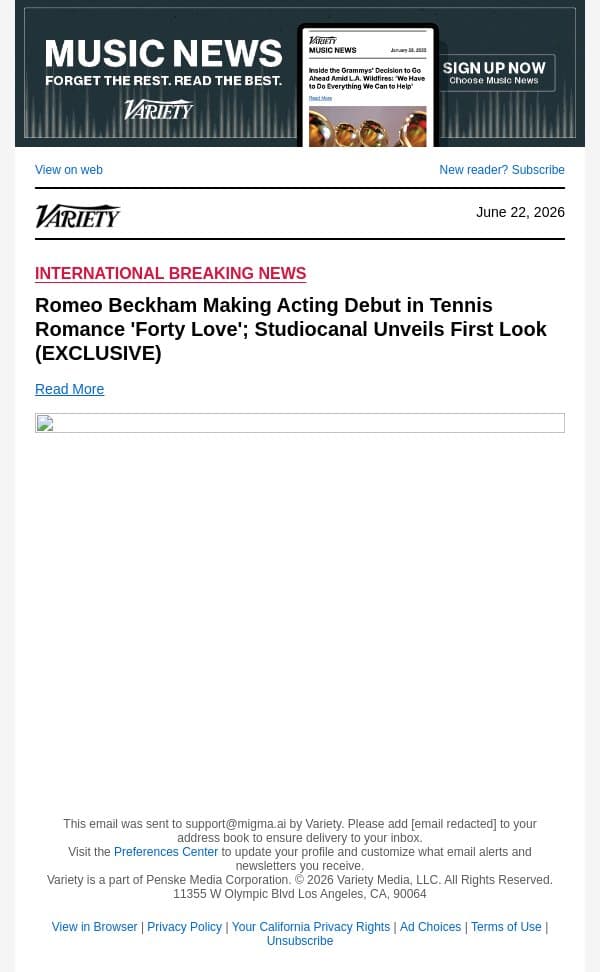 Romeo Beckham Making Acting Debut in Tennis Romance 'Forty Love'; Studiocanal Unveils First Look (EXCLUSIVE) email from Variety screenshot