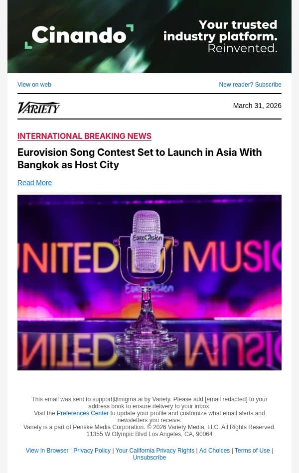 Eurovision Song Contest Set to Launch in Asia With Bangkok as Host City email from Variety screenshot