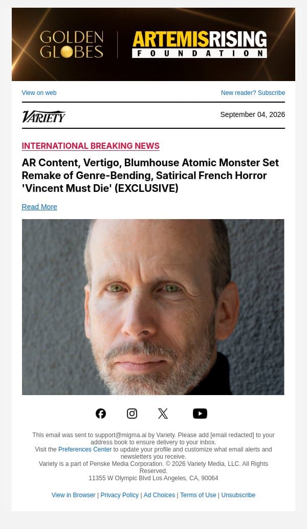 AR Content, Vertigo, Blumhouse Atomic Monster Set Remake of Genre-Bending, Satirical French Horror 'Vincent Must Die' (EXCLUSIVE) email from Variety screenshot