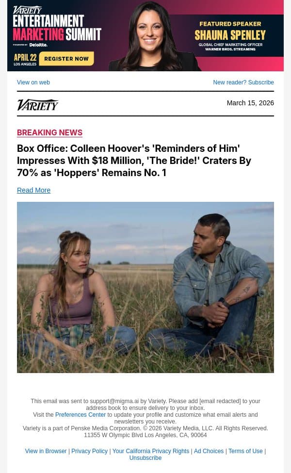 Box Office: Colleen Hoover's 'Reminders of Him' Impresses With $18 Million, 'The Bride!' Craters By 70% as 'Hoppers' Remains No. 1 email from Variety screenshot