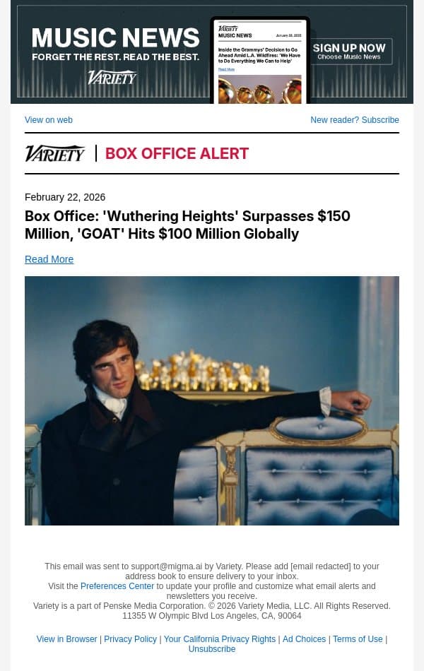 Box Office: 'Wuthering Heights' Surpasses $150 Million, 'GOAT' Hits $100 Million Globally email from Variety screenshot