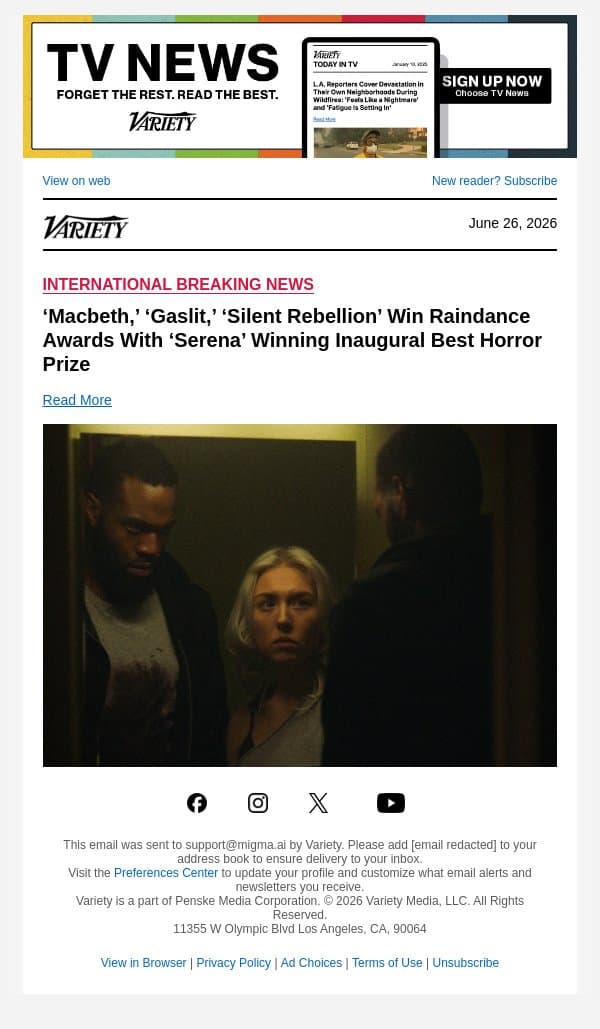 ‘Macbeth,’ ‘Gaslit,’ ‘Silent Rebellion’ Win Raindance Awards With ‘Serena’ Winning Inaugural Best Horror Prize email from Variety screenshot