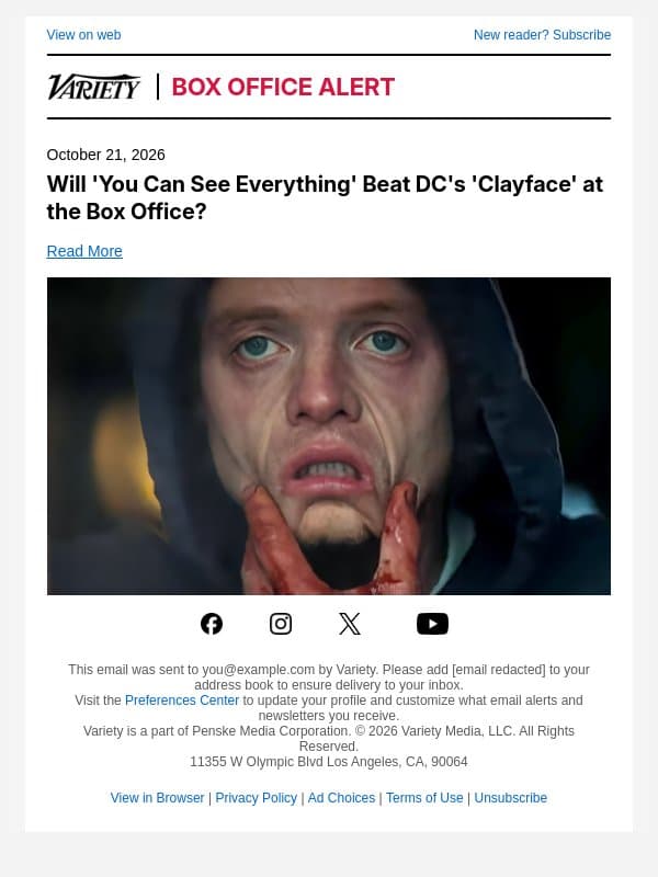Will 'You Can See Everything' Beat DC's 'Clayface' at the Box Office? email from Variety screenshot