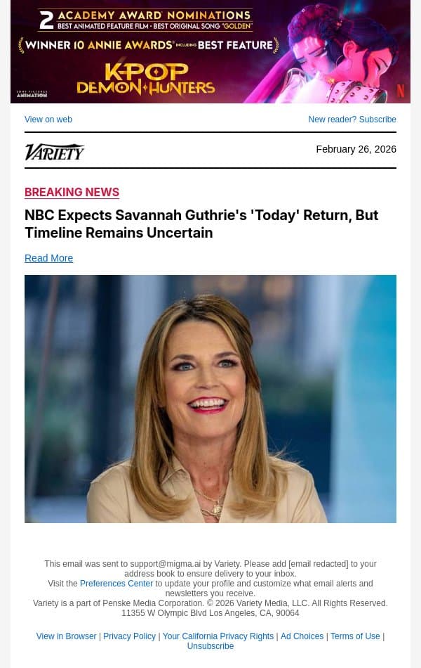 NBC Expects Savannah Guthrie's 'Today' Return, But Timeline Remains Uncertain email from Variety screenshot