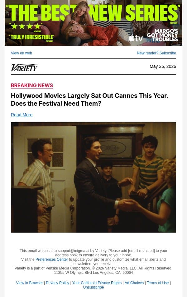 Hollywood Movies Largely Sat Out Cannes This Year. Does the Festival Need Them? email from Variety screenshot