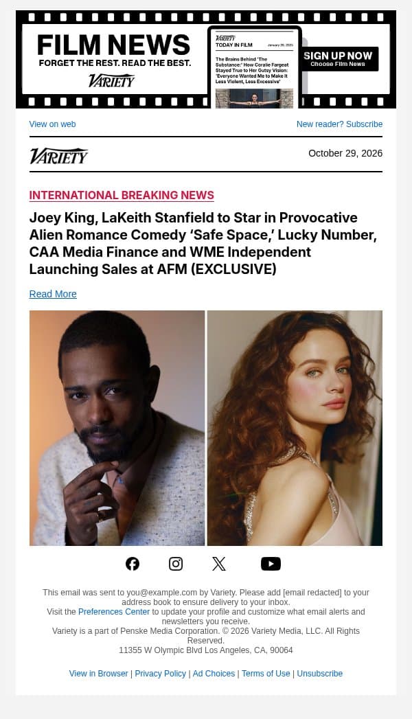 Joey King, LaKeith Stanfield to Star in Provocative Alien Romance Comedy ‘Safe Space,’ Lucky Number, CAA Media Finance and WME Independent Launching Sales at AFM (EXCLUSIVE) email from Variety screenshot