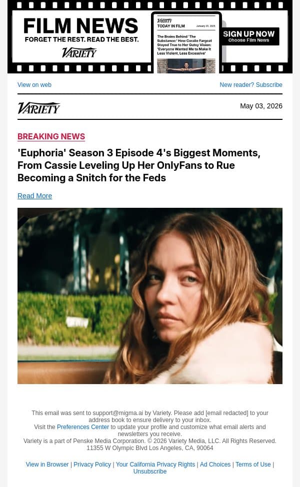 'Euphoria' Season 3 Episode 4's Biggest Moments, From Cassie Leveling Up Her OnlyFans to Rue Becoming a Snitch for the Feds email from Variety screenshot