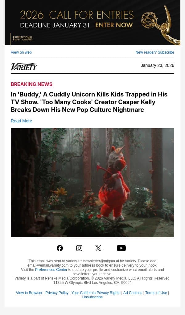 In 'Buddy,' A Cuddly Unicorn Kills Kids Trapped in His TV Show. 'Too Many Cooks' Creator Casper Kelly Breaks Down His New Pop Culture Nightmare email from Variety screenshot