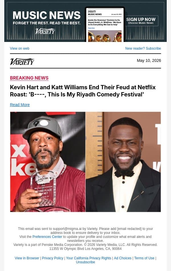 Kevin Hart and Katt Williams End Their Feud at Netflix Roast: 'B----, This Is My Riyadh Comedy Festival' email from Variety screenshot